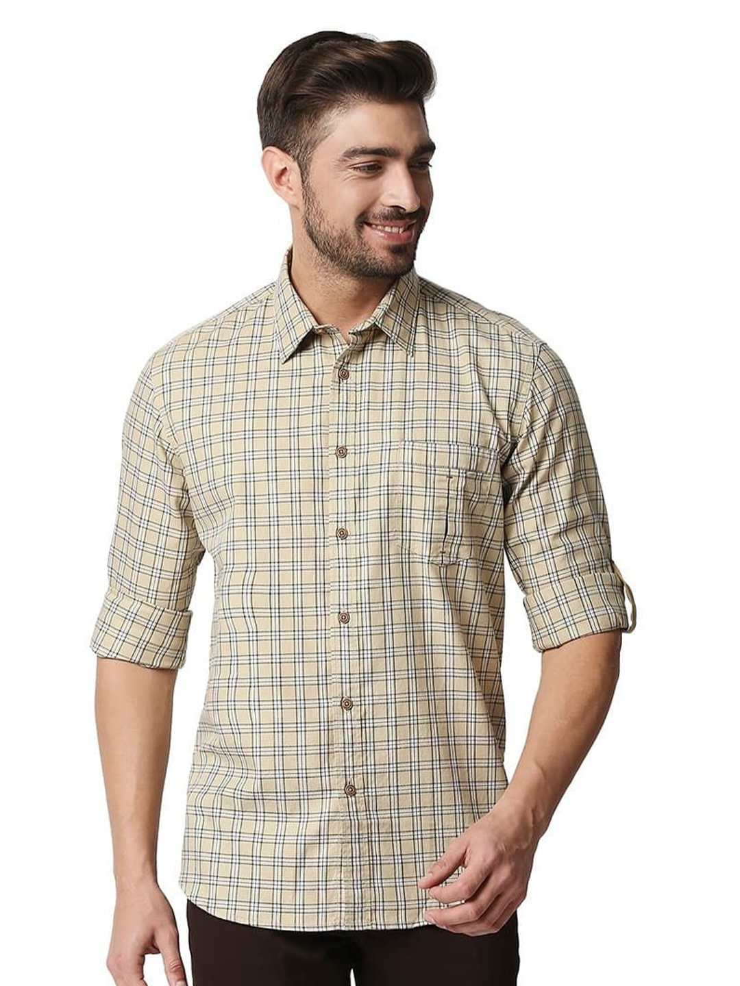 

Basics Men Relaxed Fit Spread Collar Checked Cotton Casual Shirt, Khaki