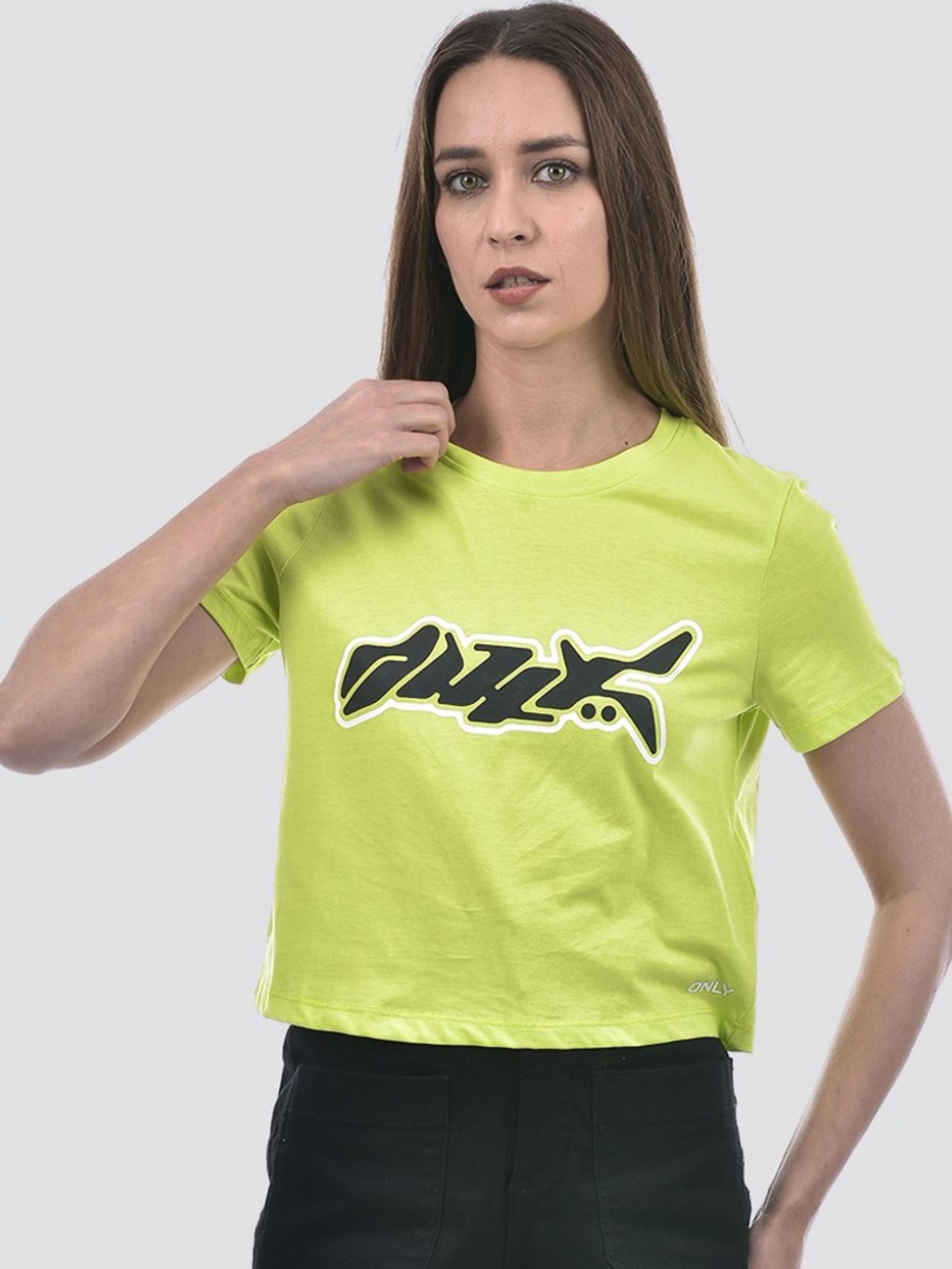 

ONLY Women Typography Printed Round Neck Cotton T-shirt, Lime green