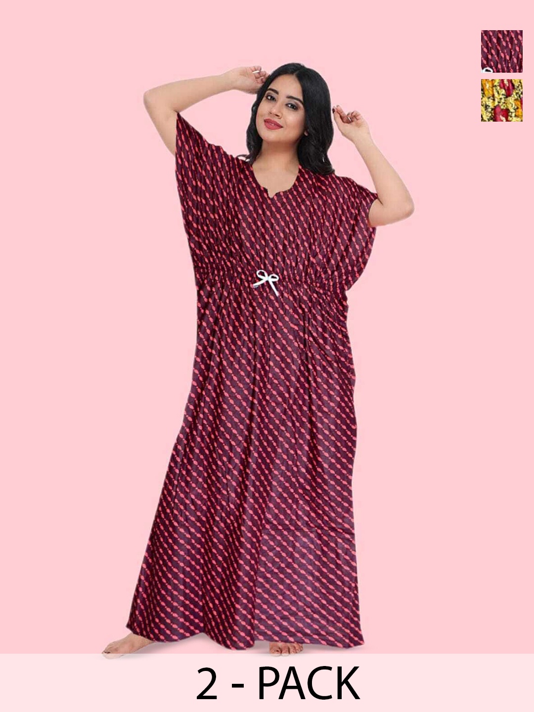

PR PINK ROYAL Women Pack of 2 Printed Pure Cotton Maxi Kaftan Nightdress, Red