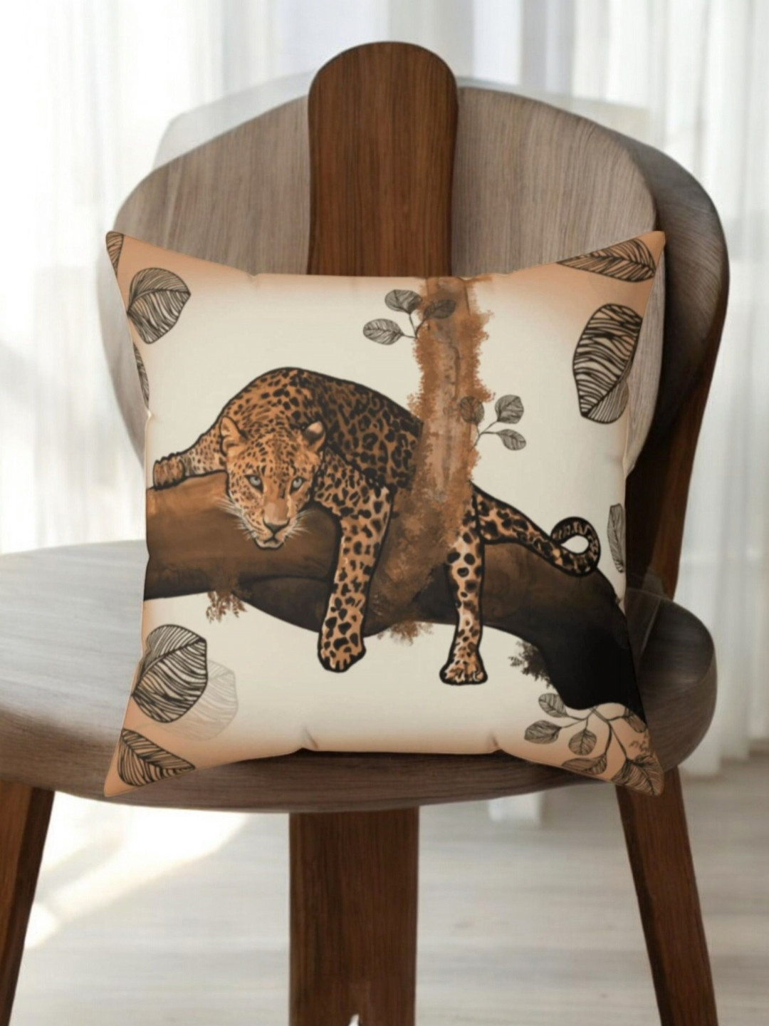 

LUSHLYF Off White Abstract Printed Velvet Square Mighty Stare of Jaguar Cushion Cover