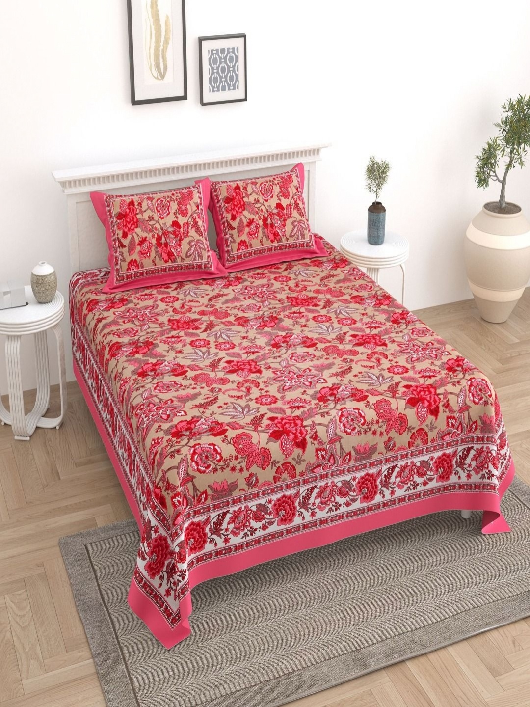 

Myntra Elegant Homes Red And Beige Floral Printed 180 TC King Bedsheet Set-2.74 m x 2.54 m