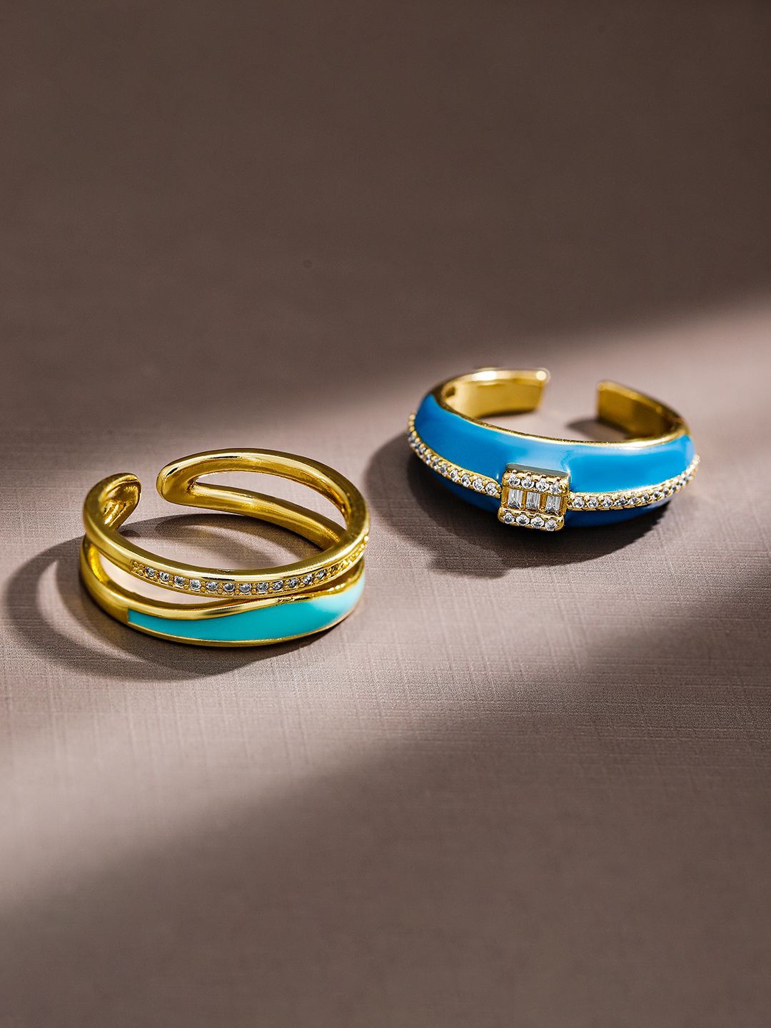 

Rubans Set of 2, 18K Gold-Plated Blue Enamel & Cubic Zirconia Studded Openable Rings