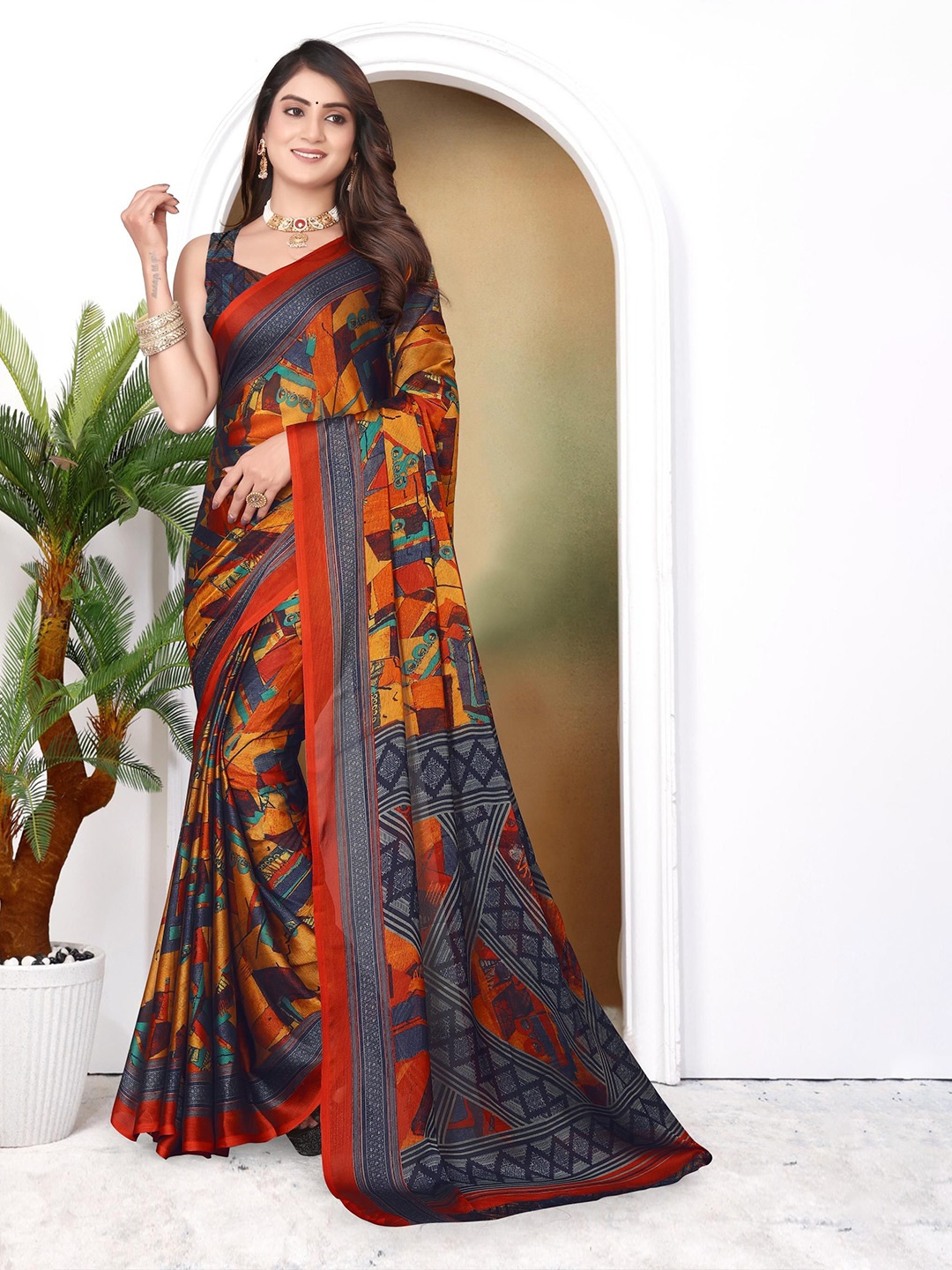 

SUPERLAXMI Abstract Printed Pure Chiffon Saree, Orange