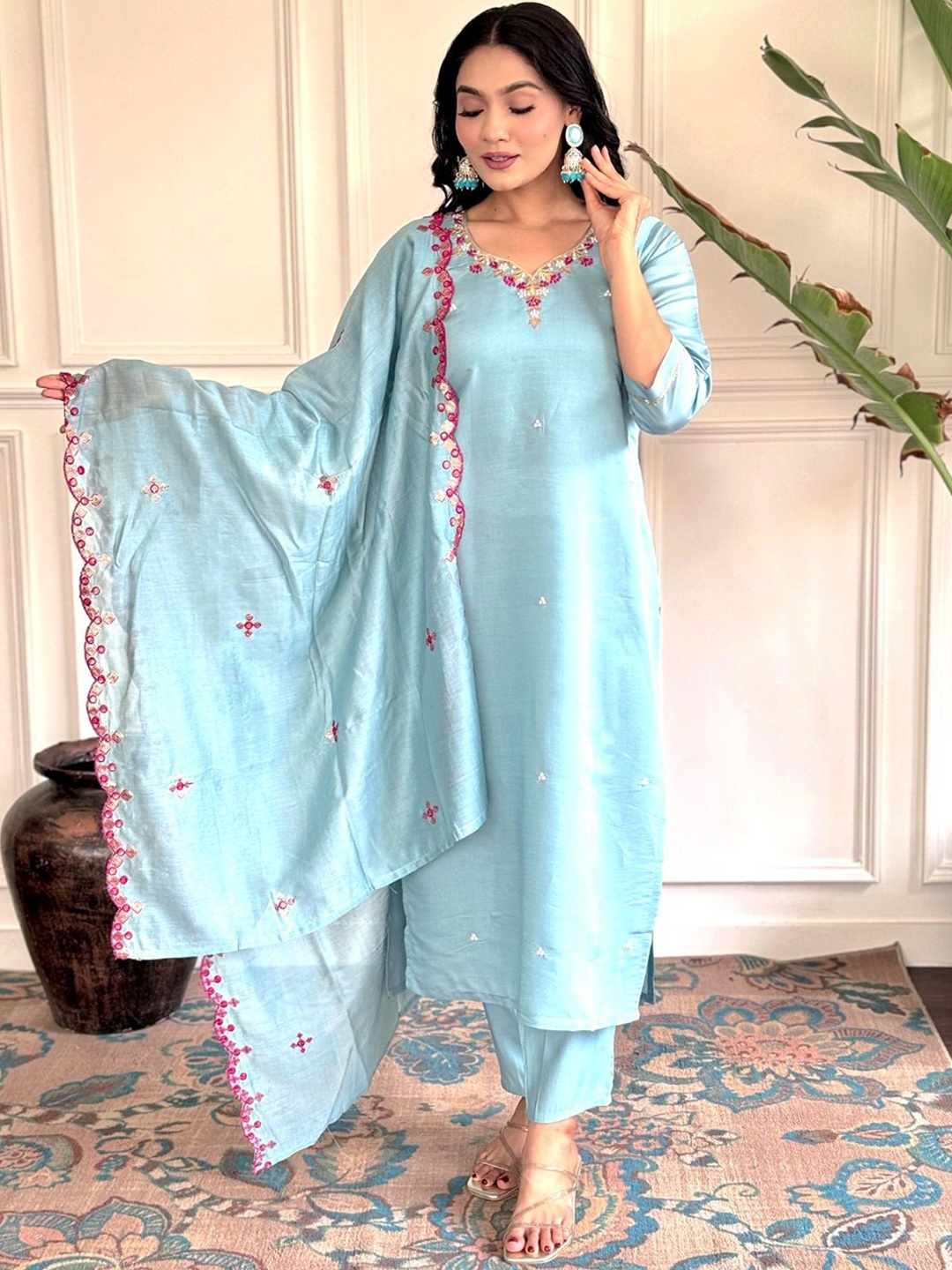 

KALINI Floral Embroidered Notch Neck Straight Kurta with Trousers And Dupatta, Turquoise blue