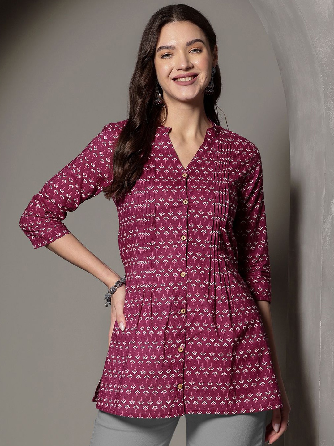

JANAKDULARI CREATION Ethnic Motifs Printed Cotton Shirt Style Top, Magenta