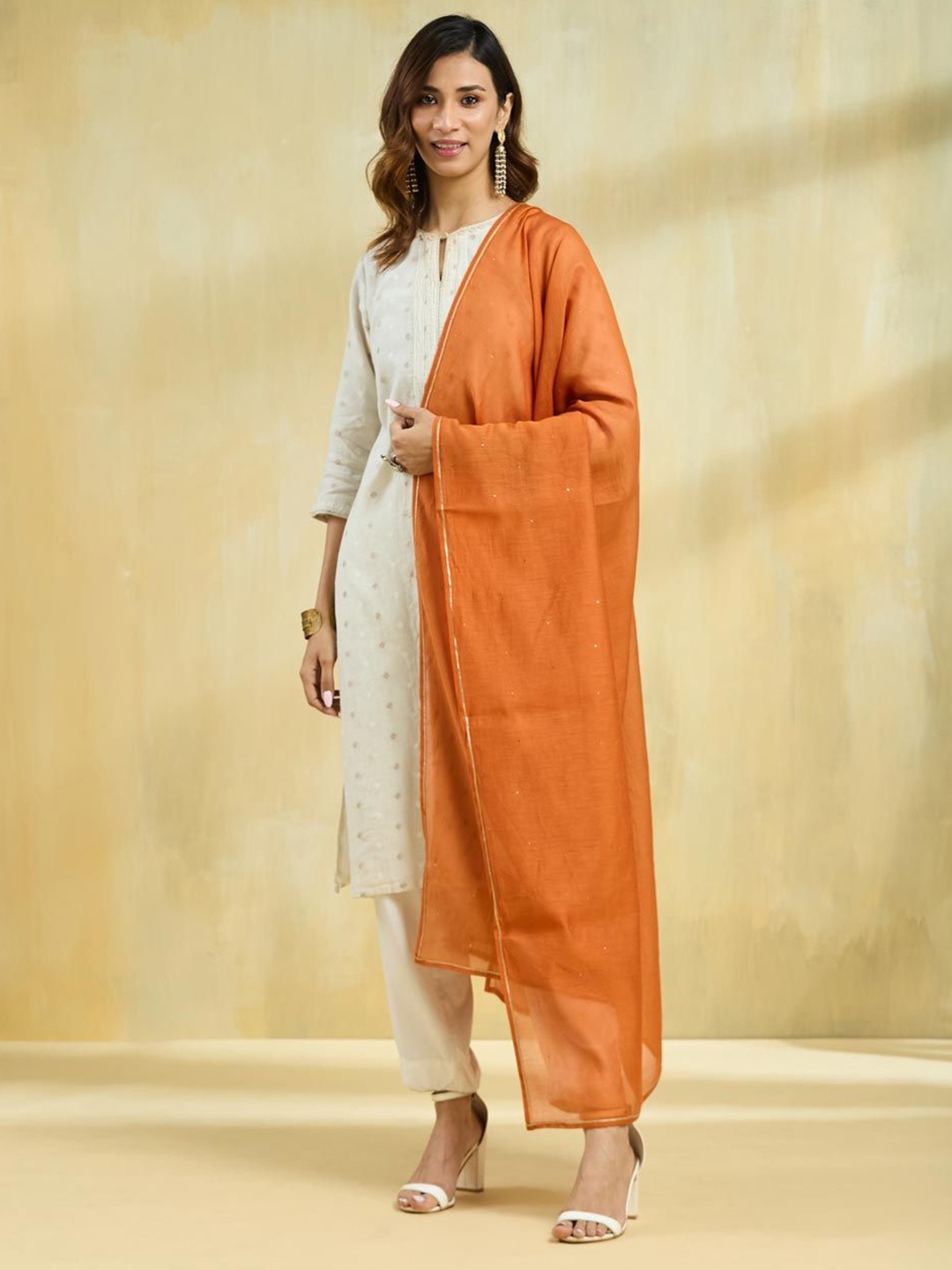 

Fabindia Woven Design Cotton Silk Dupatta With Sequinned, Orange