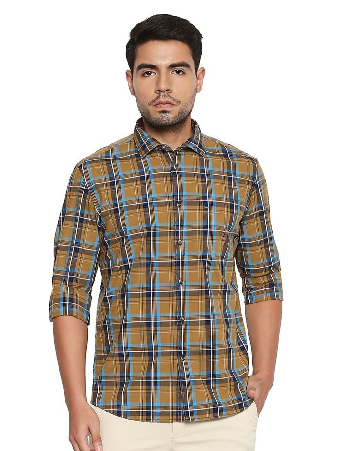 

Basics Men Relaxed Fit Spread Collar Tartan Checked Cotton Casual Shirt, Mustard