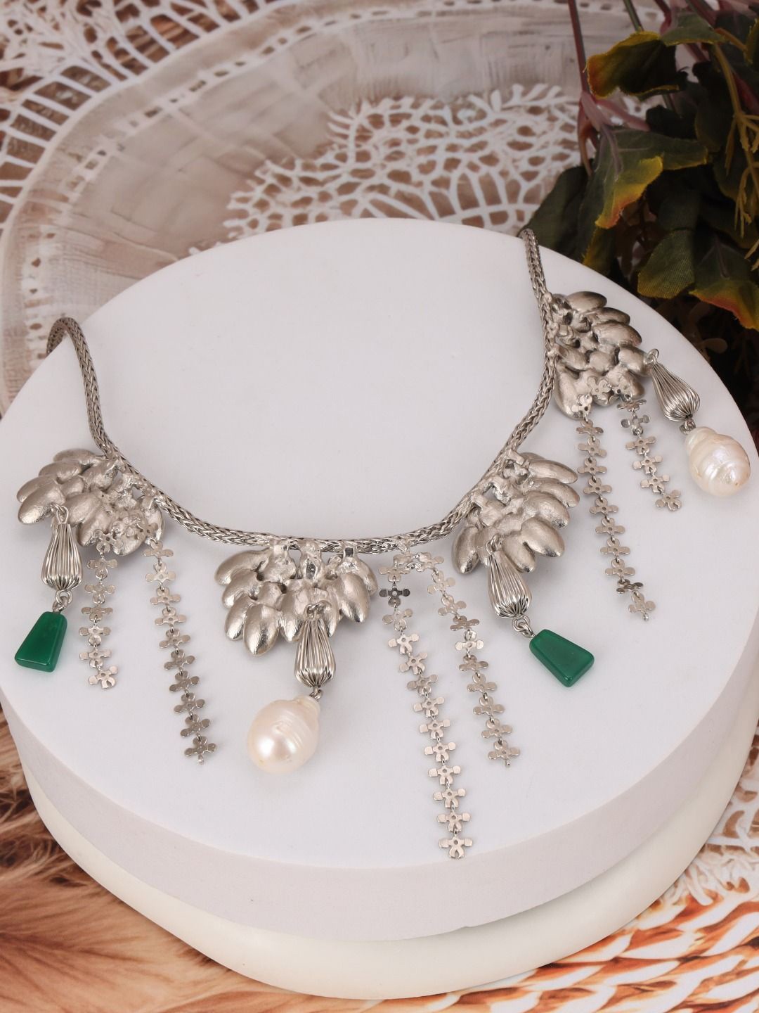 

Trupti Mohta Brass Rhodium-Plated Baroque Pearls Beaded and Agate Stones Studded Necklace, Silver