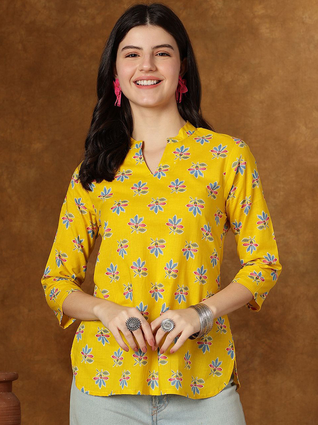 

JANAKDULARI CREATION Women Floral Printed Cotton A-Line Top, Yellow