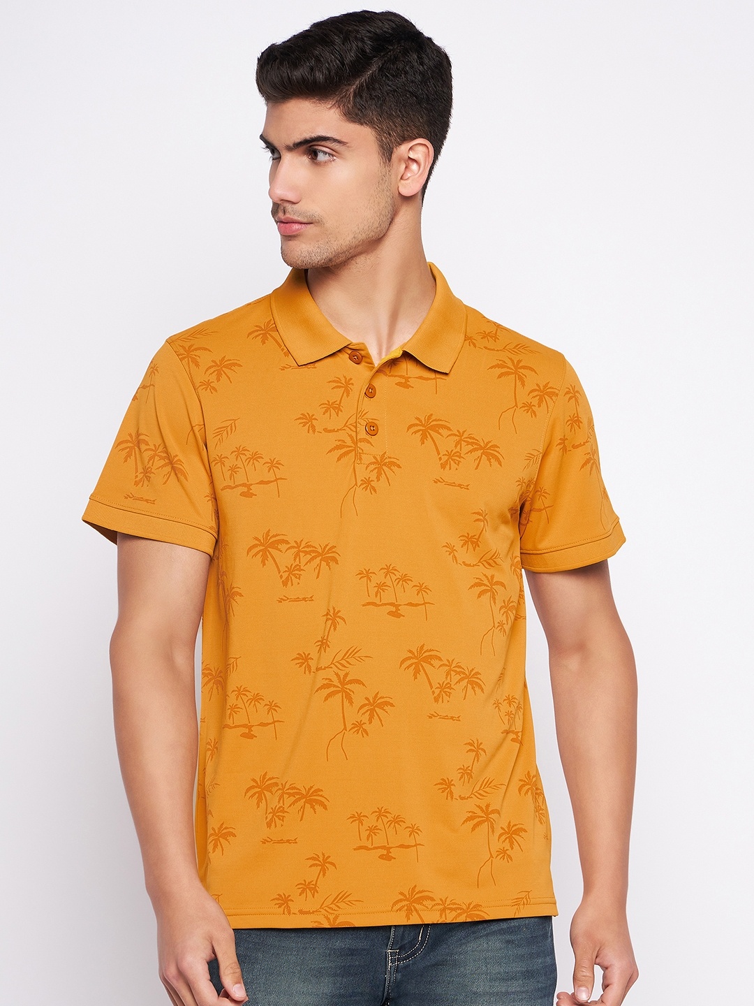 

AUXAMIS Men Printed Polo Collar Pockets T-shirt, Mustard