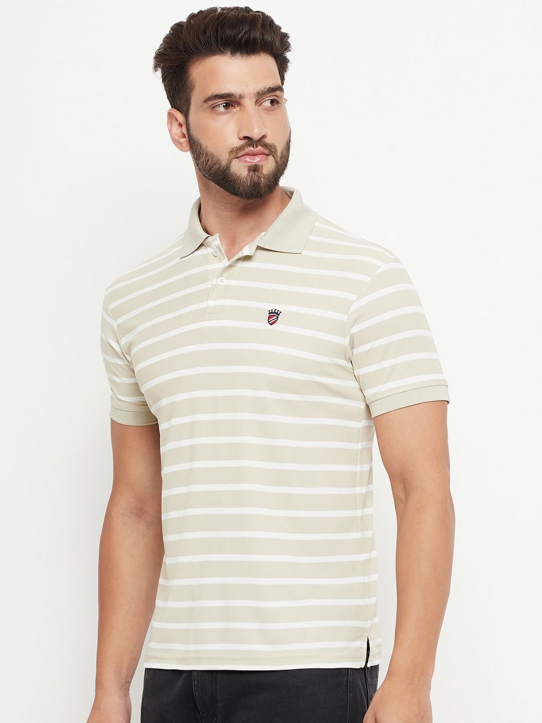 

RELANE Men Striped Polo Collar Cotton T-shirt, Beige