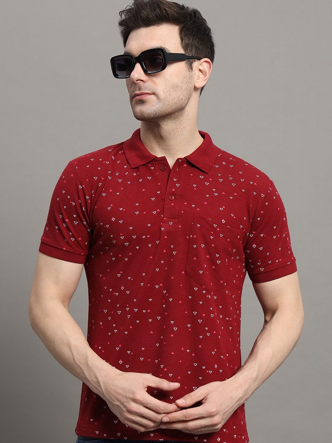 

NYKER Men Plus Size Geometric Printed Polo Collar Cotton T-shirt, Maroon
