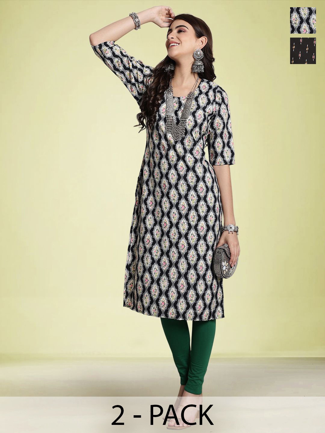 

Moda Rapido Set of 2 Ethnic Printed Round Neck Straight Kurtas, Black
