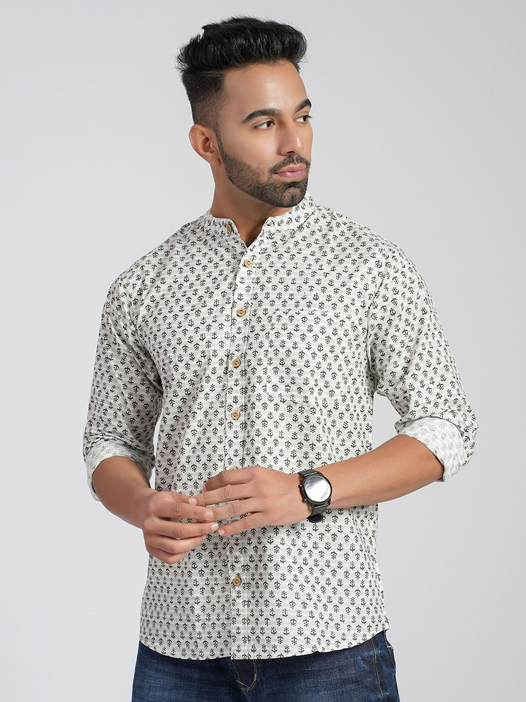 

Cotton Curio Men Comfort Fit Band Collar Floral Printed Cotton Casual Shirt, Cream
