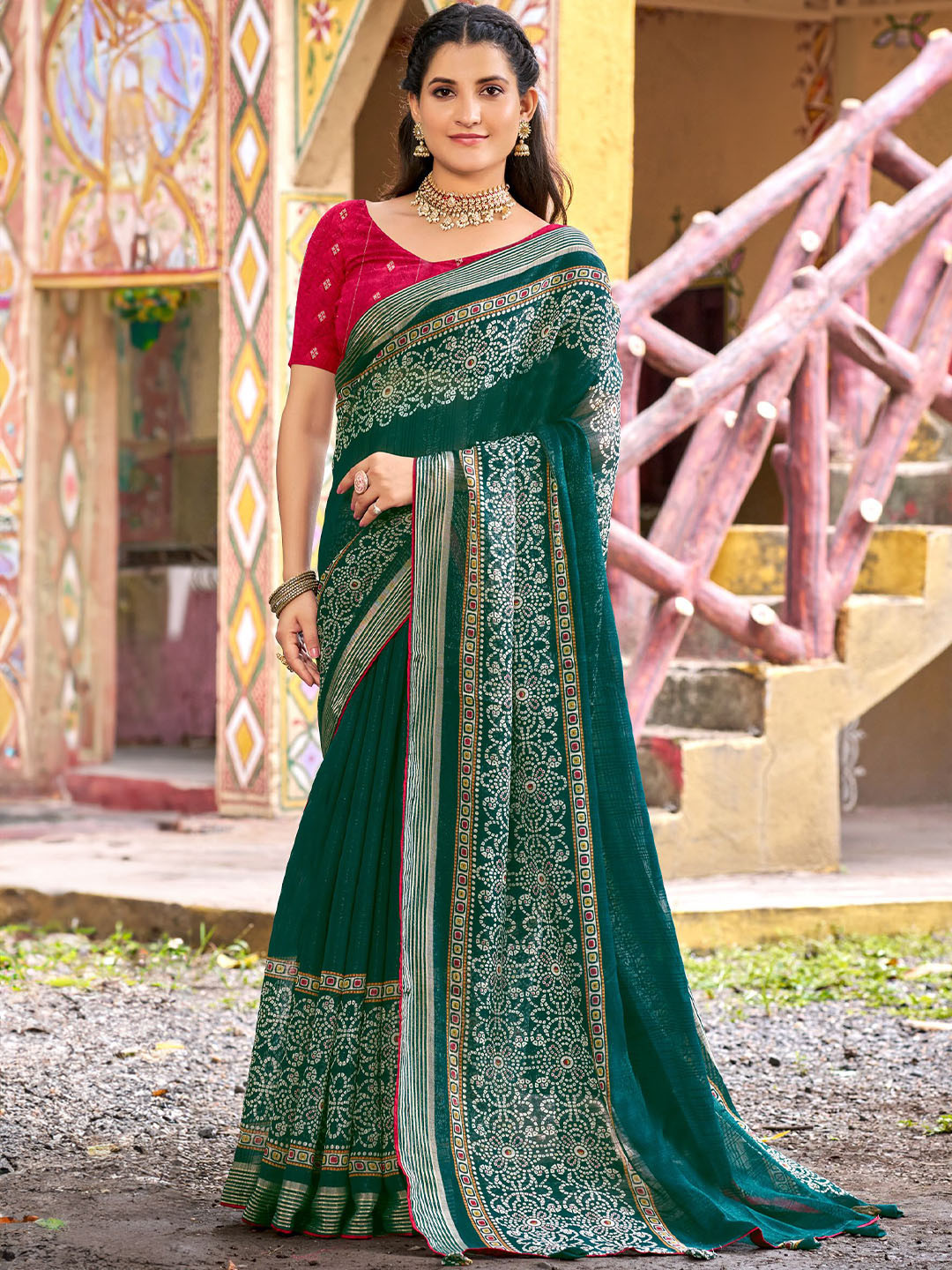 

A.V.M. SILK MILLS Pure Georgette Bandhani Saree, Green