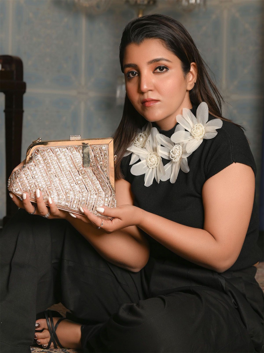 

ODETTE Stone Embellished Purse Clutch, Rose gold