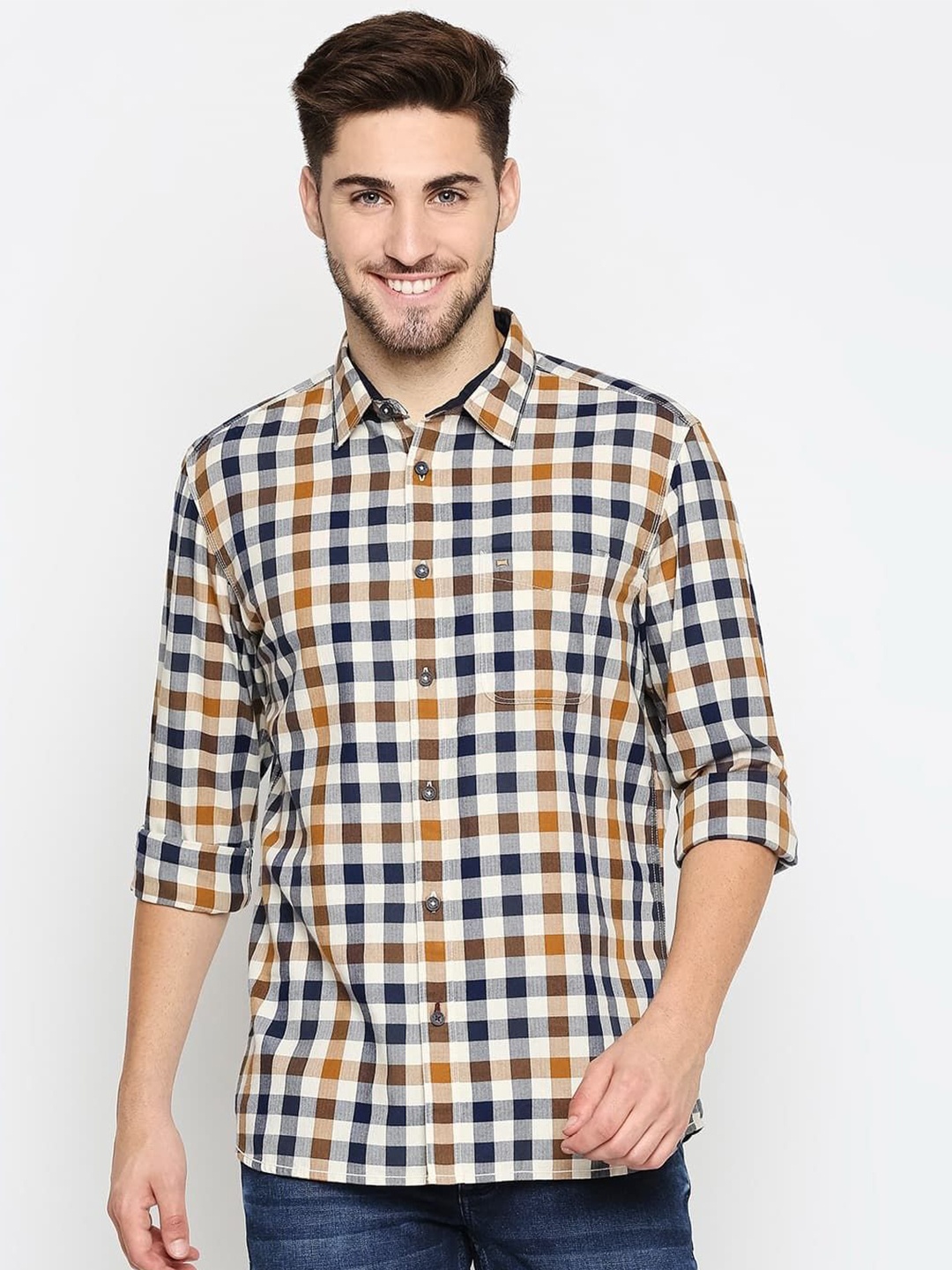 

Basics Men Relaxed Fit Spread Collar Gingham Checked Cotton Casual Shirt, Navy blue