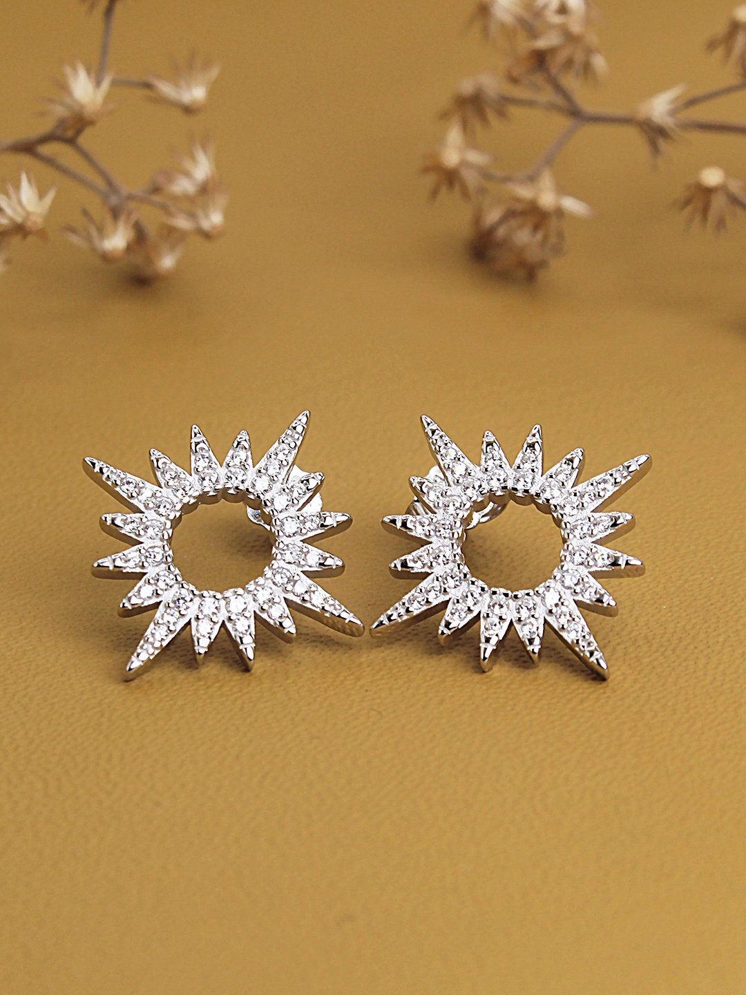 

DEVASHREE 925 Sterling Silver Rhodium-Plated Cubic Zirconia Studded Floral Shaped Studs, White