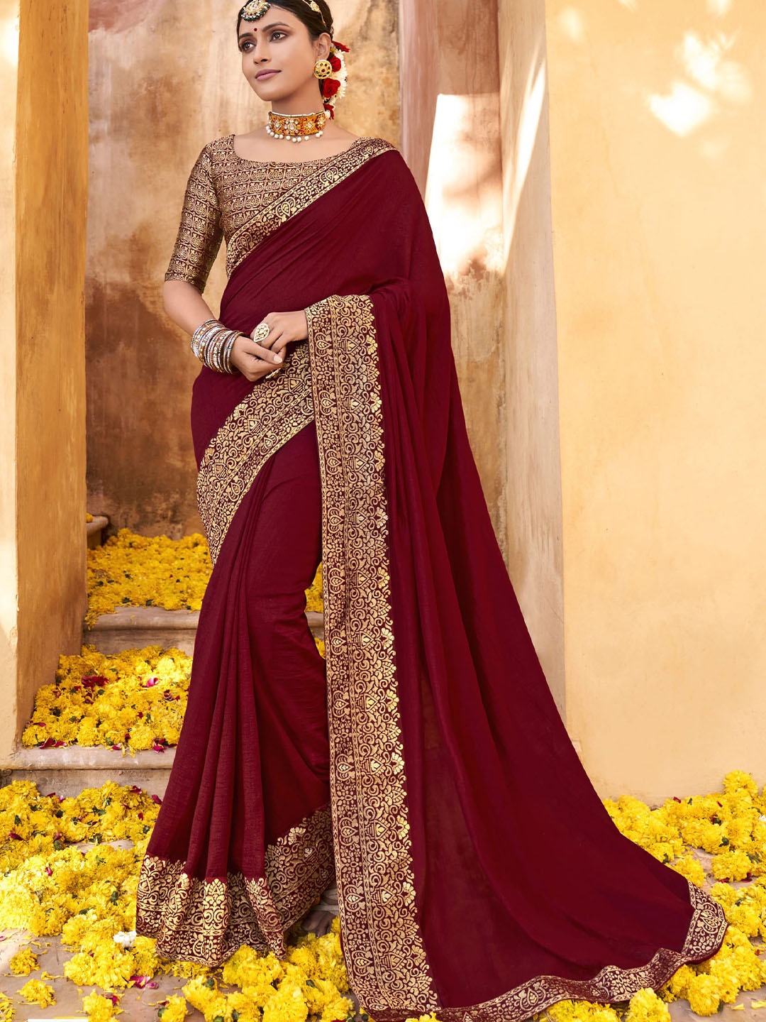 

A.V.M. SILK MILLS Zari Pure Georgette Saree, Maroon