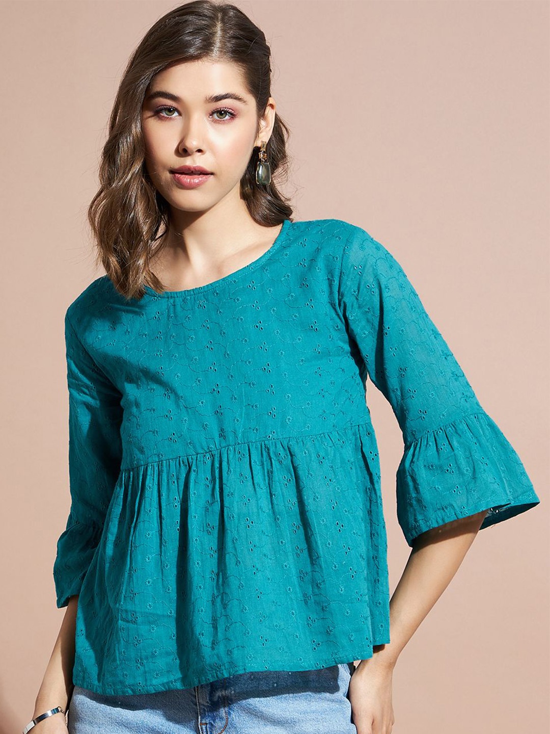 

DressBerry Women Bell Sleeve Peplum Crop Top, Blue