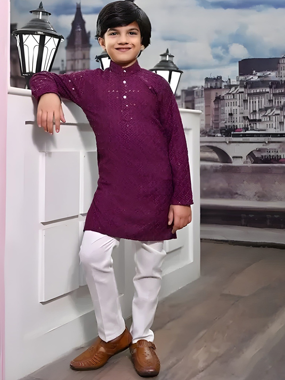 

Qtsy Boys Floral Embroidered Band Collar Sequinned Pure Cotton Straight Kurta With Pyjamas, Burgundy