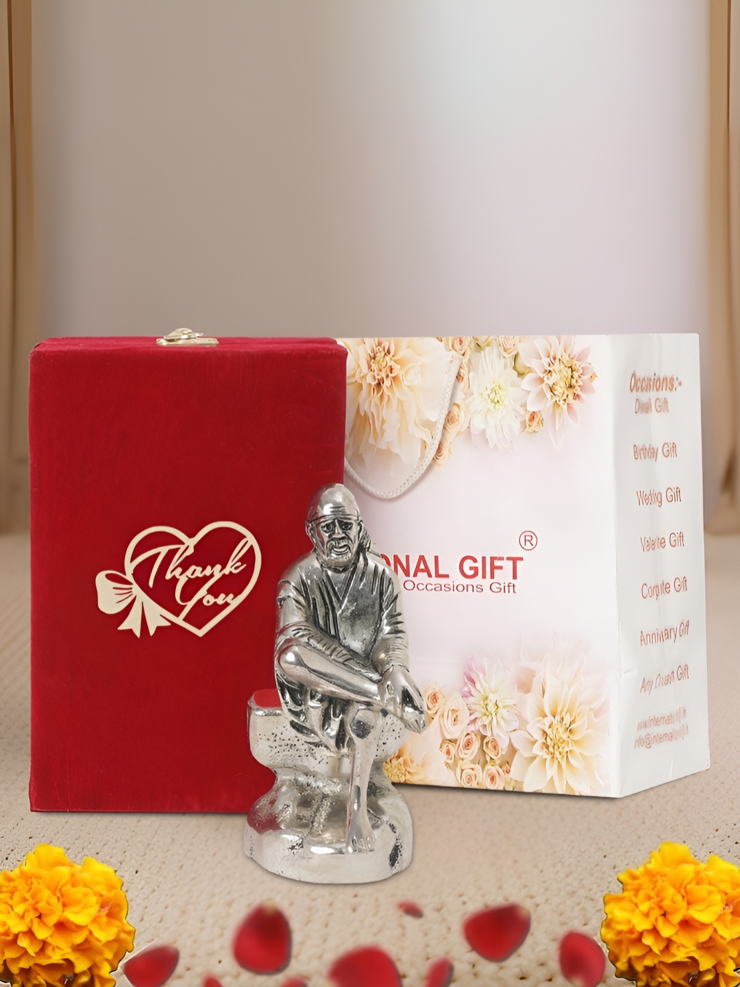 

INTERNATIONAL GIFT Silver Plated Sai Baba Idol with Velvet Box Bag and Thank You Tag