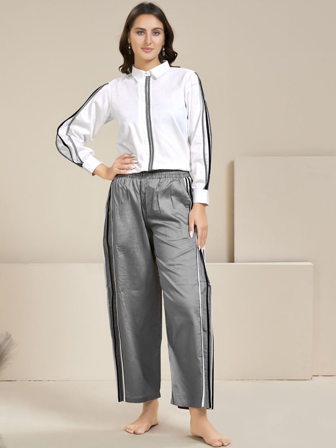 

Bannos Swagger Pleated Shirt Collar Neck Shirt With Trousers, White