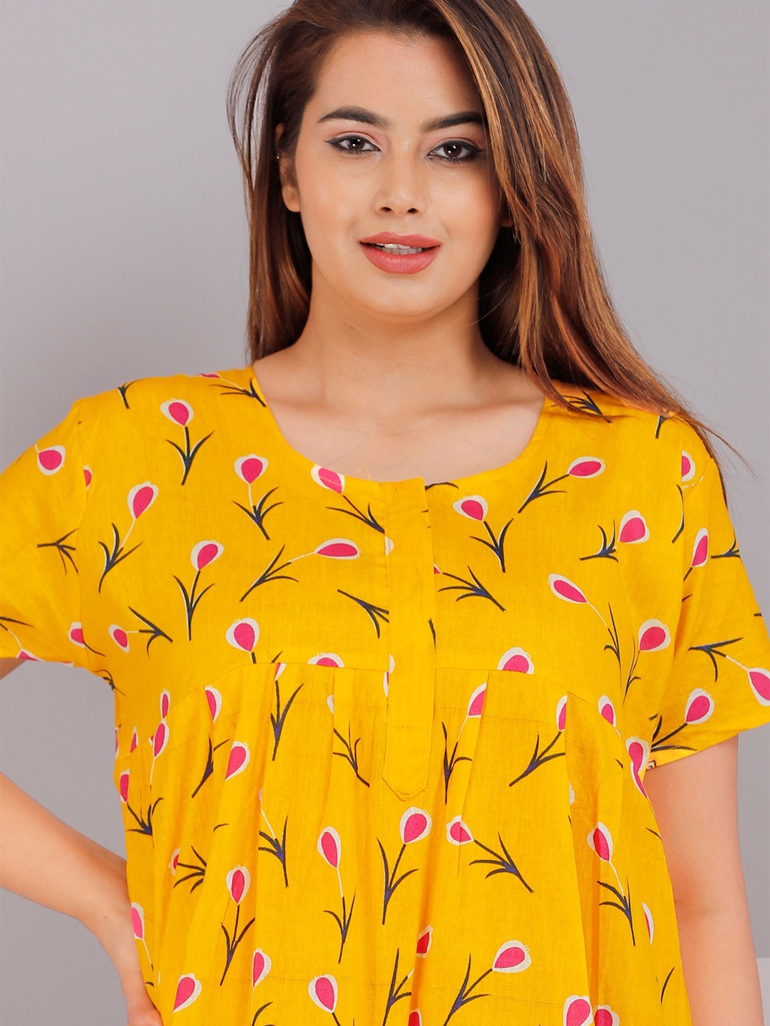 

PR PINK ROYAL Women Floral Printed Pure Cotton Maxi Nightdress, Yellow