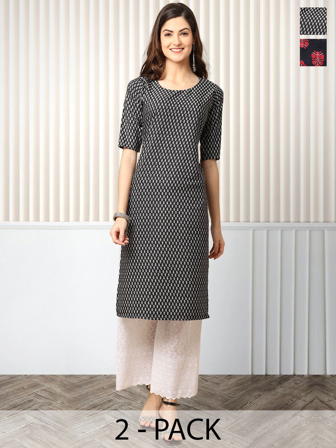 

Moda Rapido Pack of 2 Printed Round Neck Straight Kurtas, Black