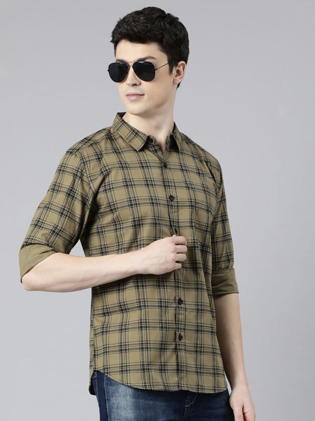 

Provogue Men Spread Collar Tartan Checked Cotton Casual Shirt, Khaki