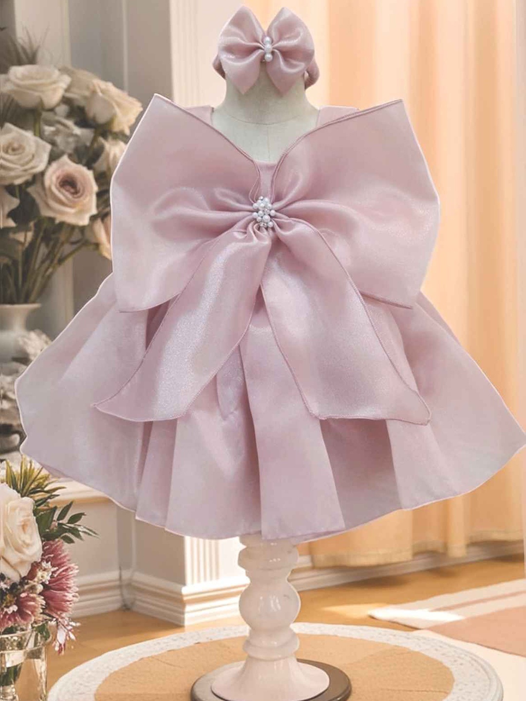 

Lagorii Girls Sleeveless And Floral Embellished With Pearls Work Frock Pink