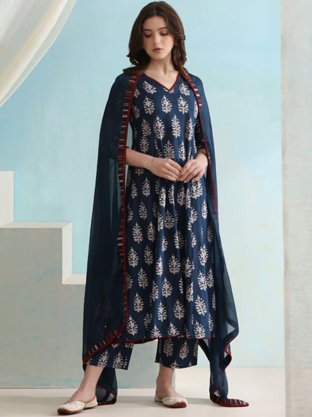 

Moda Rapido Floral Printed V Neck Raw Silk Anarkali Kurta With Trouser And Dupatta, Blue