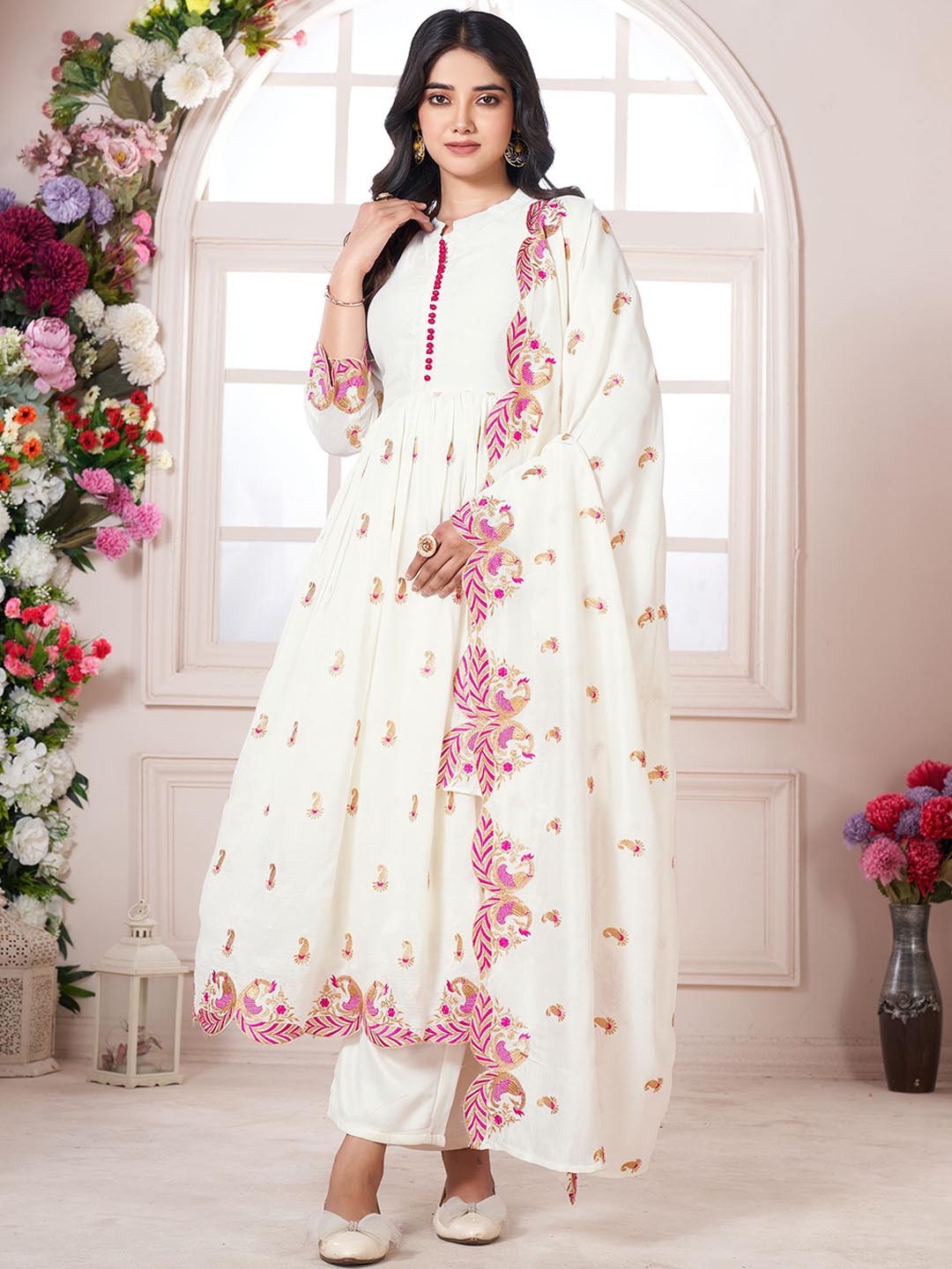 

KALINI Ethnic Motifs Embroidered Mandarin Collar Anarkali Kurta With Palazzos And Dupatta, White