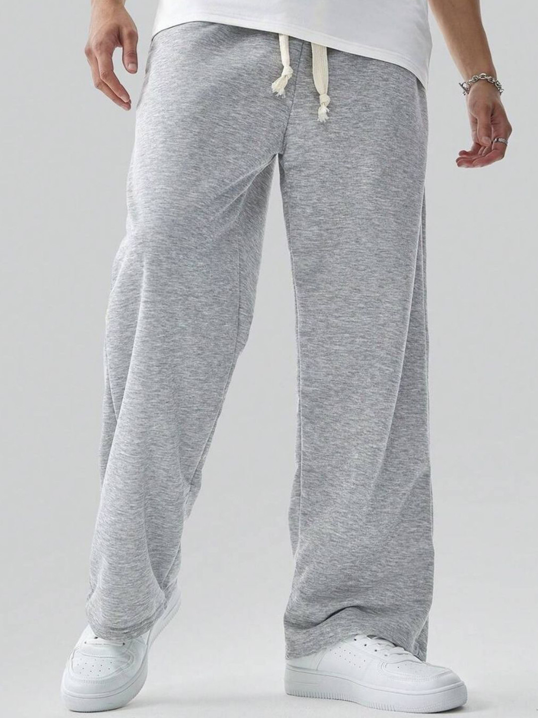 

FLYNOFF Men Relaxed Loose Fit Easy Wash Korean Pants Trousers, Grey melange