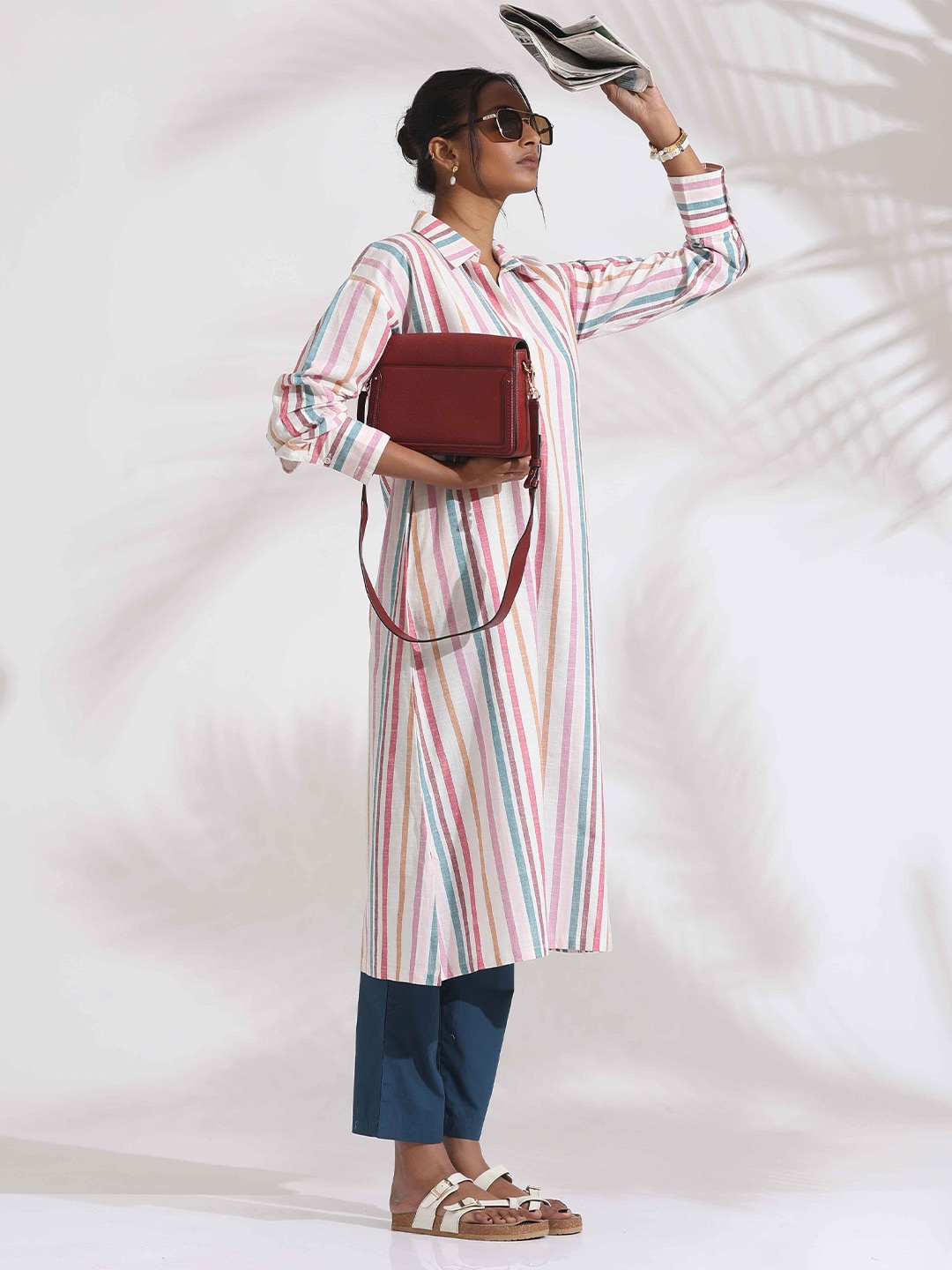 

trueBrowns Striped A Line Kurta with Trousers, Off white