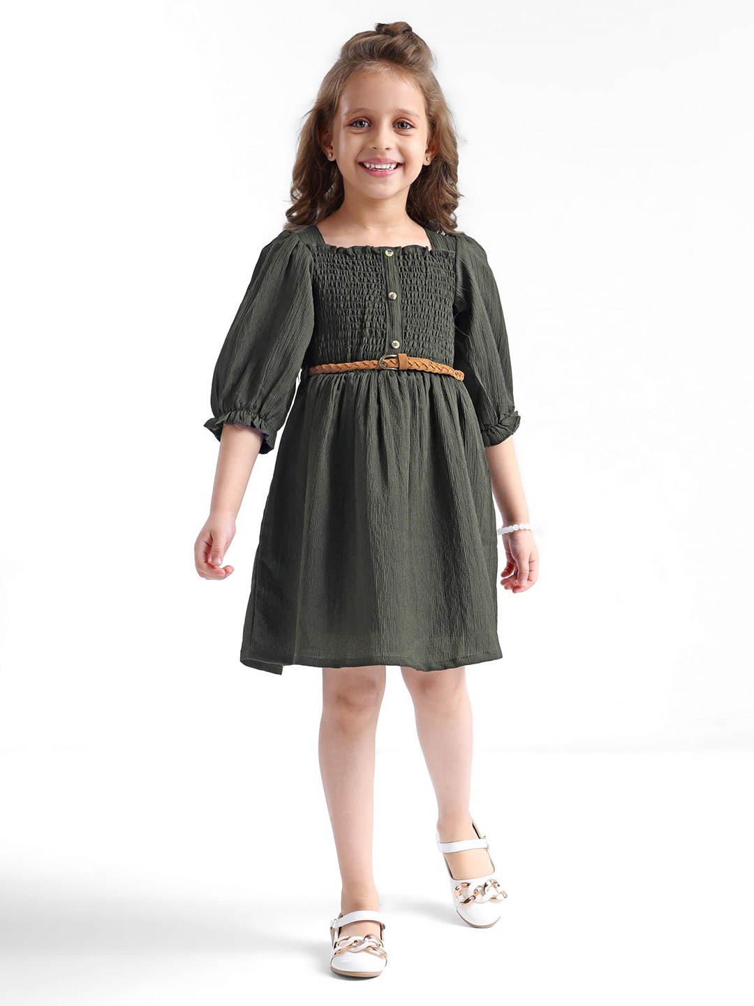 

Hola Bonita Embellished Puff Sleeve A-Line Dress, Olive