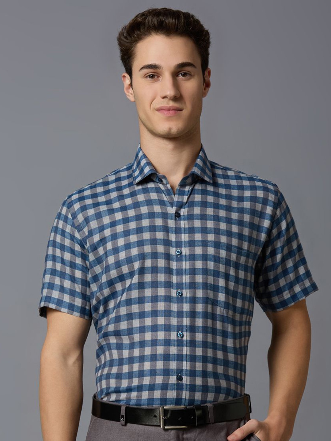 

MARK & ALBERT Men India Slim Fit Spread Collar Checked Cotton Formal Shirt, Blue