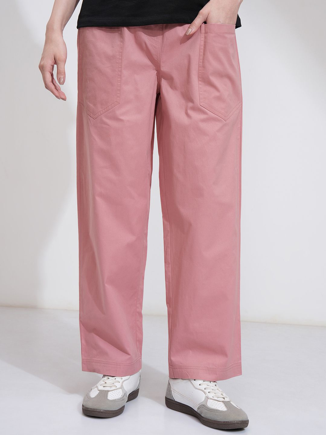 

Tokyo Talkies Women Solid Elasticated Waist Tape Trouser, Pink