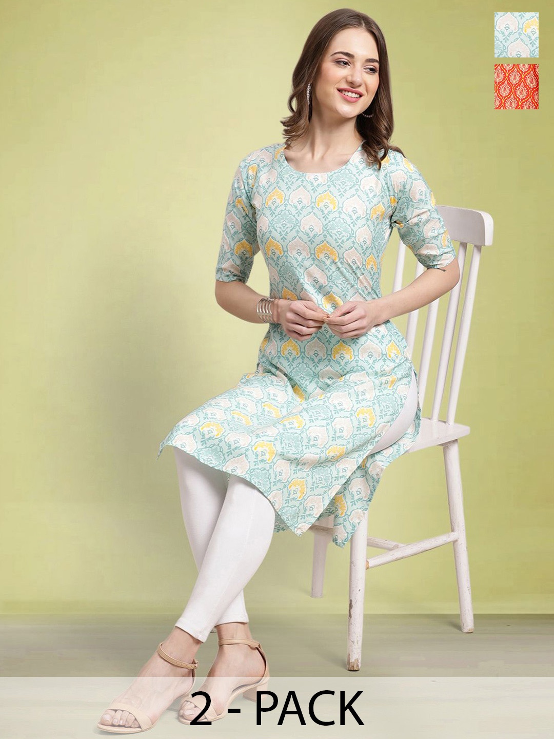 

Moda Rapido Pack of 2 Printed Round Neck Straight Kurtas, Blue