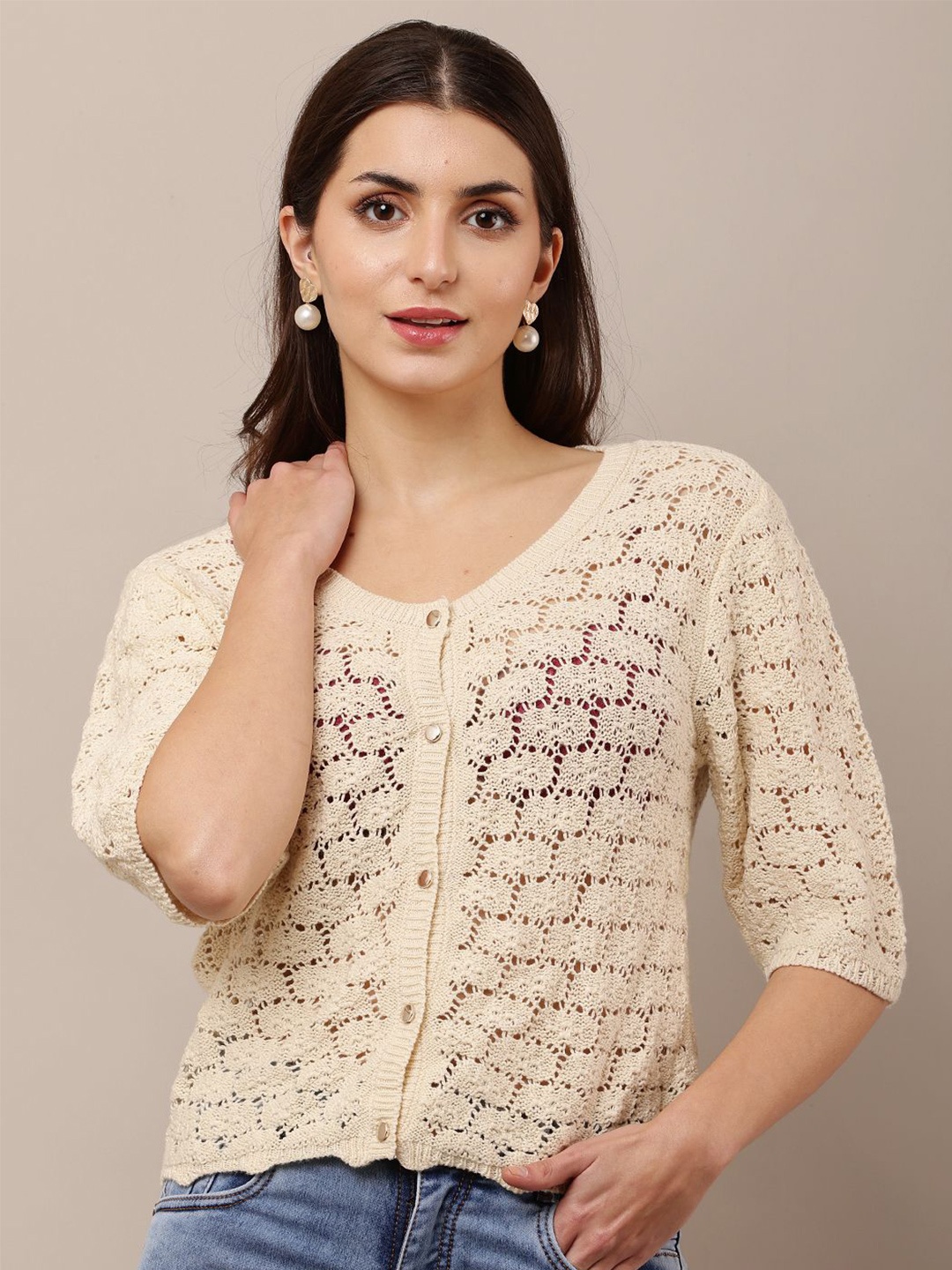 

NoBarr Self Design Round Neck Top, Cream