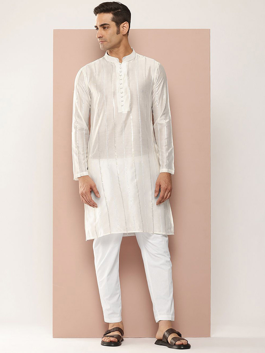 

See Designs Mandarin Collar Striped Embroidered Sequinned Chanderi Silk Straight Kurta, Off white