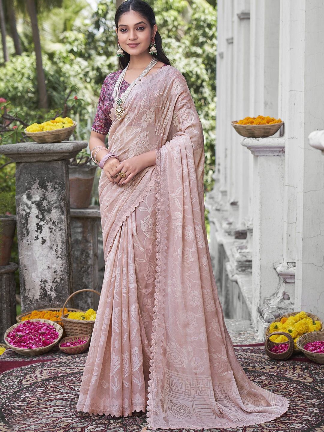 

A.V.M. SILK MILLS Woven Design Beads and Stones Pure Georgette Saree, Beige