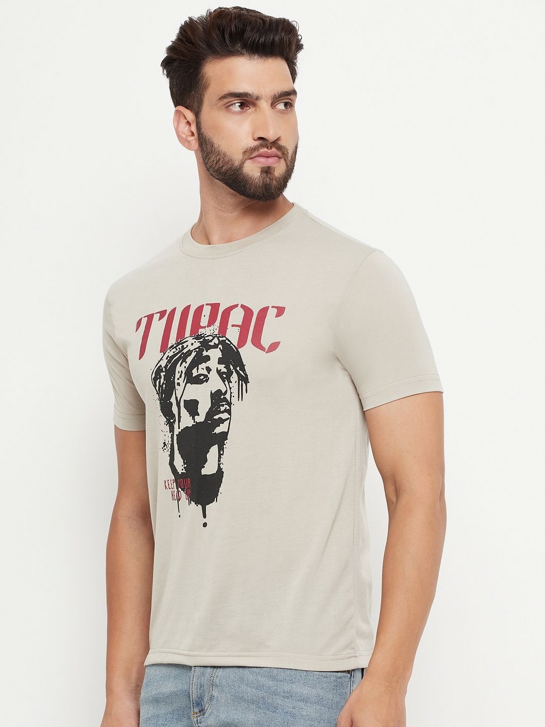 

RELANE Men Graphic Printed Round Neck Cotton T-shirt, Beige