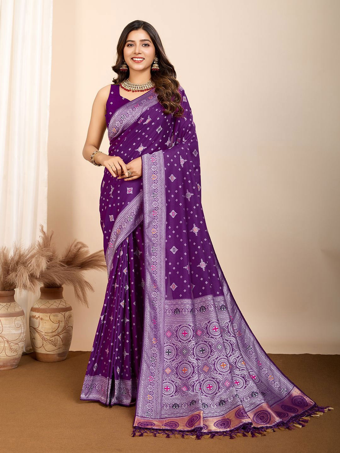 

bansari textiles Bandhani Printed Banarasi Saree, Purple