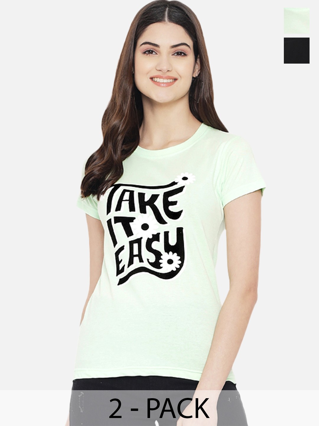 

Dreambe Women Pack Of 2 Graphic Printed Round Neck Cotton T-shirts, Green