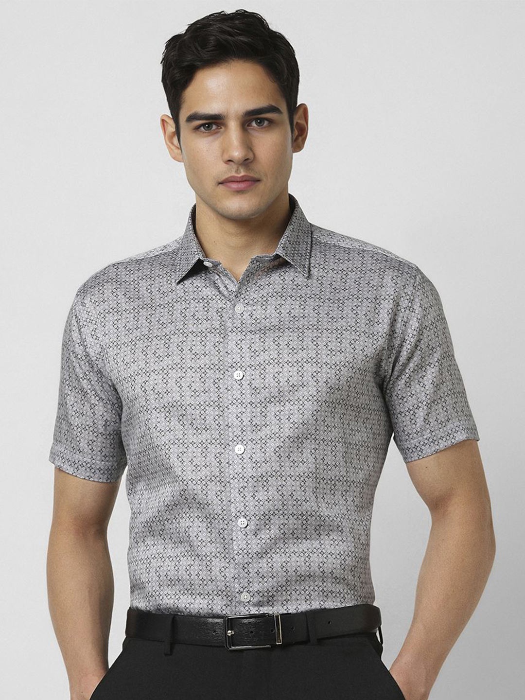 

V Dot Men Slim Fit Opaque Printed Party Shirt, Grey
