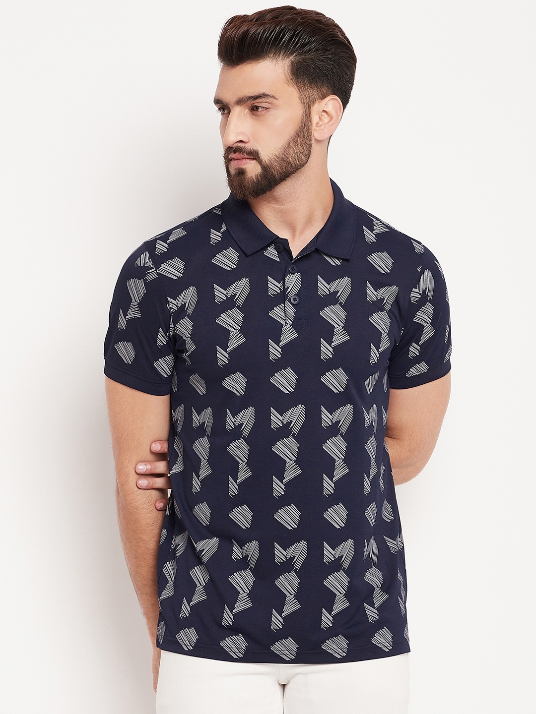 

AUXAMIS Men Printed Polo Collar Pockets T-shirt, Navy blue