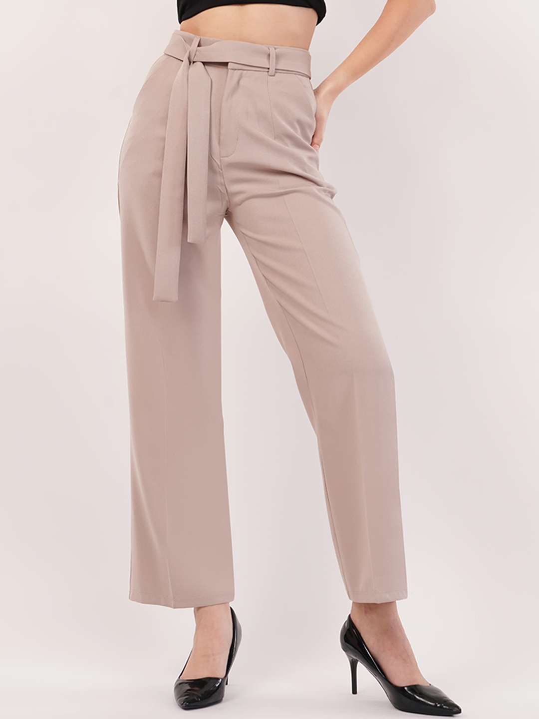 

HIGH BUY Women Relaxed Straight Leg High-Rise Trousers, Beige