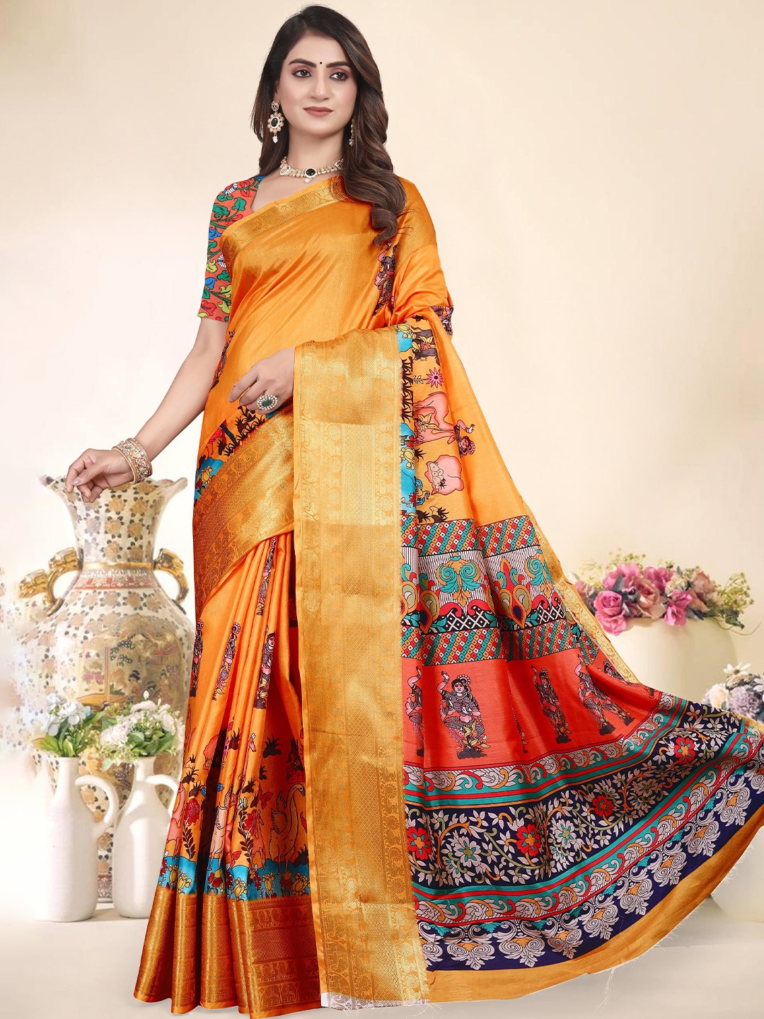 

MAGNEITTA Kalamkari Zari Silk Blend Saree, Orange