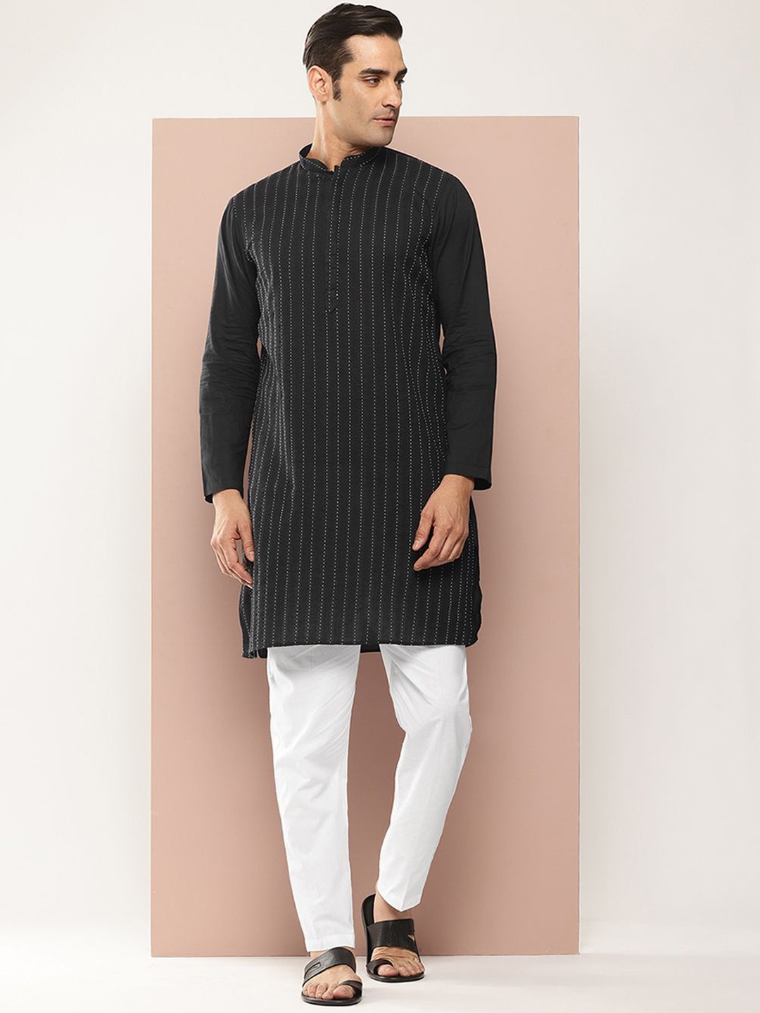 

See Designs Striped Thread Work Mandarin Collar Cotton Straight Kurta, Black